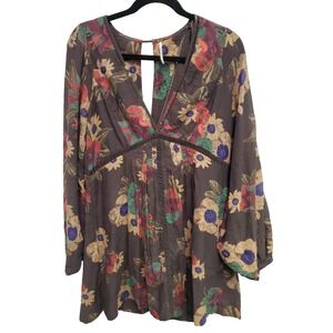 Free People Strawberry Field Dress Brown Floral Tunic Dress Large Boho Peasant S